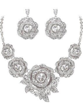 Stunning Crystal Flower Cluster Necklace & Dangle Earrings Jewelry Set for Women